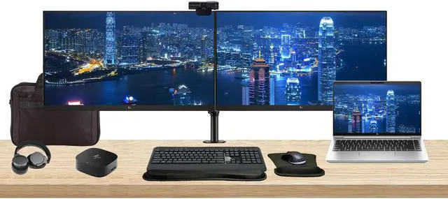 Main image of HP ProBook 445 G10 14" Ryzen 7, 16GB RAM, 512GB SSD, Bundle with 2 x EliteDisplay E27 27" Monitors, Dual Stand, USB-C Dock, MK540 Wireless Keyboard and Mouse, Gel Pad, Webcam, Headphones, Bag