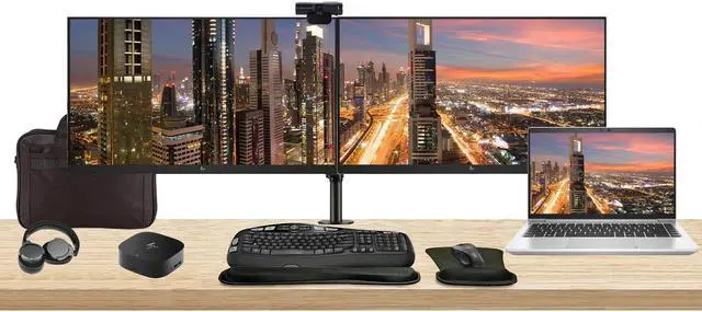 Main image of HP EliteBook 645 G10 14" Ryzen 7, 16GB RAM, 512GB SSD, Windows 11 Pro Notebook Bundle with 2 x EliteDisplay E27 27" Monitors, Dual Stand, USB-C Dock, Keyboard and Mouse, Webcam, Headphones, Bag