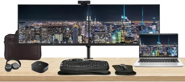 Main image of HP EliteBook 645 G10 14" Ryzen 7, 32GB RAM, 1TB SSD, Windows 11 Pro Notebook Bundle with 2 x EliteDisplay E27 27" Monitors, Dual Stand, USB-C Dock, Keyboard and Mouse, Webcam, Headphones, Bag