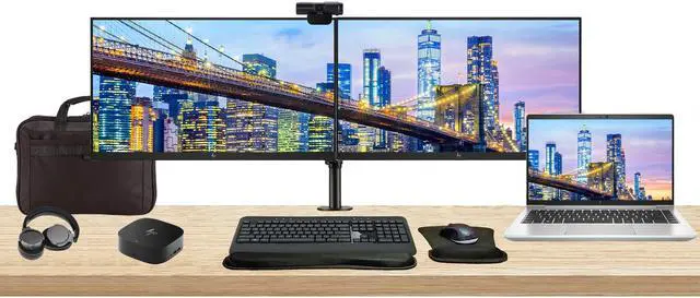 Main image of HP EliteBook 640 G10 14" i5, 16GB RAM, 256GB SSD, Windows 11 Pro Notebook Bundle with 2 x EliteDisplay E24 24" Monitors, Dual Stand, USB-C Dock, Keyboard and Mouse, Webcam, Headphones, Bag