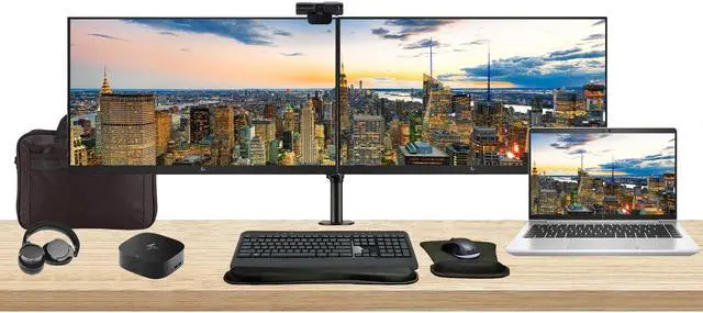 Main image of HP EliteBook 640 G10 14" i5, 16GB RAM, 256GB SSD, Windows 11 Pro Notebook Bundle with 2 x EliteDisplay E27 27" Monitors, Dual Stand, USB-C Dock, Keyboard and Mouse, Webcam, Headphones, Bag