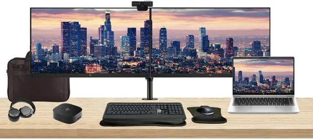 Main image of HP ProBook 440 G10 14" i5, 8GB RAM, 256GB SSD, Bundle with 2 x EliteDisplay E27 27" Monitors, Dual Stand, USB-C Dock, MK540 Wireless Keyboard and Mouse, Gel Pad, Webcam, Headphones, Bag