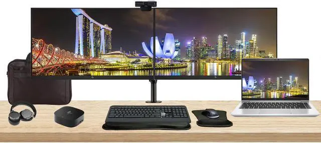 Main image of HP EliteBook 640 G10 Touchscreen 14" i7, 16GB RAM, 512GB SSD, Windows 11 Pro Notebook Bundle with 2 x EliteDisplay E27 27" Monitors, Dual Stand, USB-C Dock, Keyboard and Mouse, Webcam, Headphones, Bag