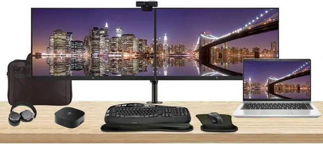 Main image of HP EliteBook 640 G10 Touchscreen 14" i7, 16GB RAM, 512GB SSD, Windows 11 Pro Notebook Bundle with 2 x EliteDisplay E27 27" Monitors, Dual Stand, USB-C Dock, Keyboard and Mouse, Webcam, Headphones, Bag