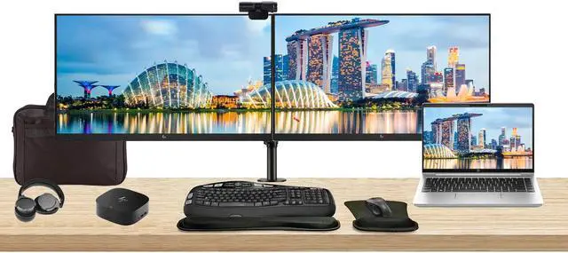 Main image of HP ProBook 440 G10 14" i7, 16GB RAM, 512GB SSD, Bundle with 2 x EliteDisplay E27 27" Monitors, Dual Stand, USB-C Dock, MK670 Wireless Keyboard and Mouse, Gel Pad, Webcam, Headphones, Bag