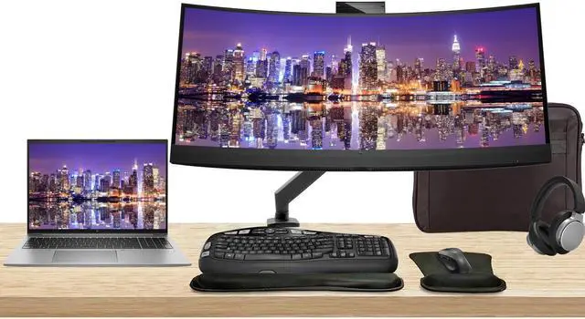 Main image of HP Notebook ZBook Firefly G10 16" i7, 32GB RAM, 1TB SSD, Windows 11 Pro, Z Display Z34c 34" Curved Monitor and builtin Webcam Bundled with Mount, MK670 Wireless Keyboard, Mouse, Headphones and Bag