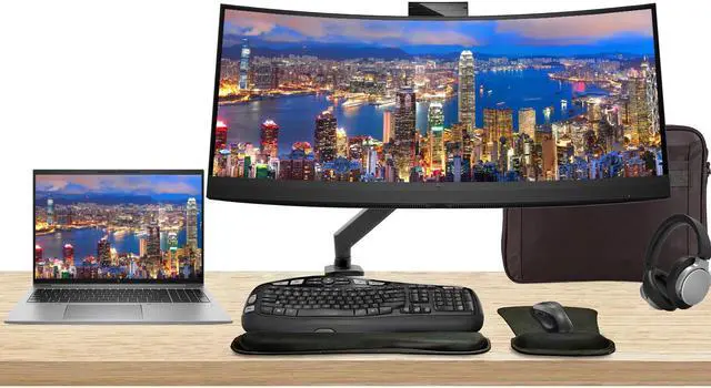 Main image of HP Notebook ZBook Firefly G10 16" i7, 32GB RAM, 1TB SSD, Windows 11Pro, T550 Graphics, Z Display Z34c 34" Curved Monitor with Webcam Bundled Mount, MK670 Wireless Keyboard, Mouse, Headphones and Bag
