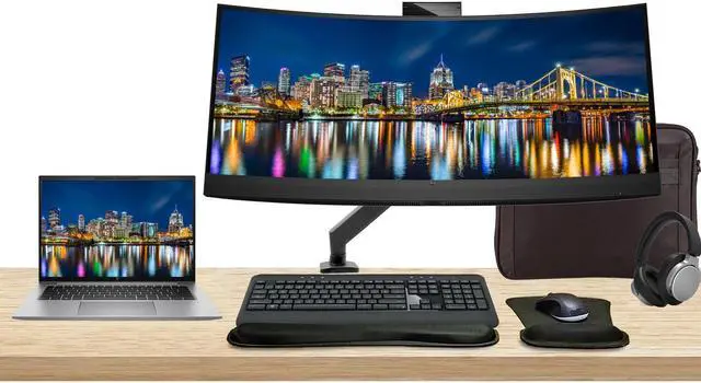 Main image of HP Notebook ZBook Firefly G10 Touchscreen 14" Ryzen 9 Pro, 32GB RAM, 512GB SSD, Windows 11Pro, Z Display Z34c 34" Curved Monitor with Webcam Bundle, Mount, Keyboard, Mouse, Wireless Headphones and Bag