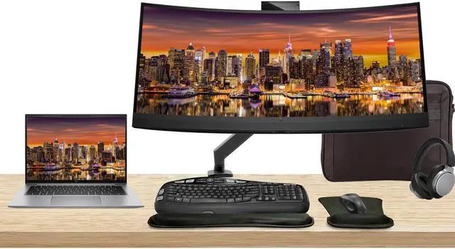 Main image of HP Notebook ZBook Firefly G10 Touchscreen 14" i7, 16GB RAM, 512GB SSD, Windows 11Pro, Z Display Z34c 34" Curved Monitor with Webcam Bundle, Mount, MK670 Wireless Keyboard and Mouse, Headphones and Bag