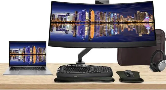 Main image of HP ZBook Firefly G10 Touchscreen 14" i7, 32GB RAM, 1TB SSD, Windows 11 Pro, RTX A500, Z Display Z34c 34" Curved Monitor with Webcam Bundle, Mount, Keyboard and Mouse, Wireless Headphones and Bag