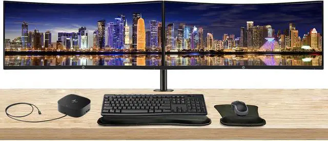 Main image of HP P34HC G4 Curved 34 inch 3440 x 1440 2K WQHD LCD Monitor, 2-Pack Bundle with Built-in Speakers, HDMI, USB-C, and DisplayPort, Stand, MK270 Wireless Keyboard and Mouse, Gel Wrist Pad, and USB-C Dock
