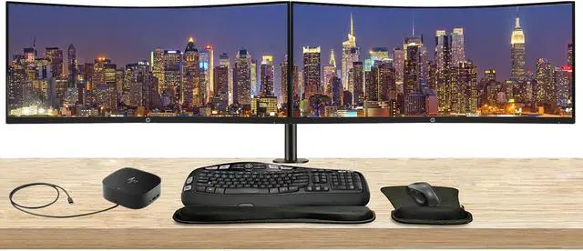 Main image of HP P34HC G4 Curved 34 inch 3440 x 1440 2K WQHD LCD Monitor, 2-Pack Bundle with Built-in Speakers, HDMI, USB-C, and DisplayPort, Stand, MK670 Wireless Keyboard and Mouse, Wrist Pad, and USB-C Dock