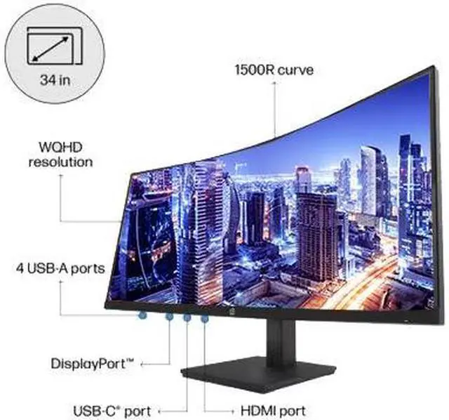 Alt view image 4 of 6 - HP P34HC G4 Curved 34 inch 3440 x 1440 2K WQHD LCD Monitor, 2-Pack Bundle with Built-in Speakers, HDMI, USB-C, and DisplayPort, Desk Mount Monitor Stand