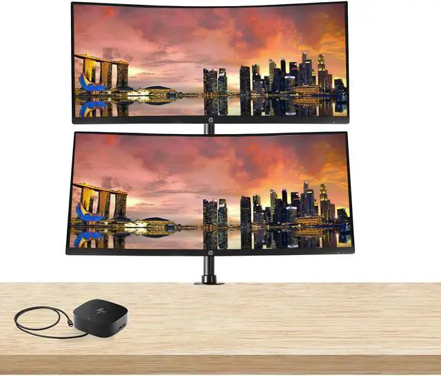 Main image of HP P34HC G4 Curved 34 inch 3440 x 1440 2K WQHD LCD Monitor, 2-Pack Bundle with Built-in Speakers, HDMI, USB-C, DisplayPort, Desk Mount Monitor Stand and HP USB-C Multiport G5 Dock