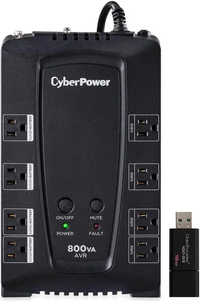 Main image of CyberPower CP800AVR UPS System 800VA/450W Backup Battery Power Supply, LED Indicators, 8 x NEMA 5-15R Outlets, AVR, Remote Management, Bundle with 16GB USB Storage