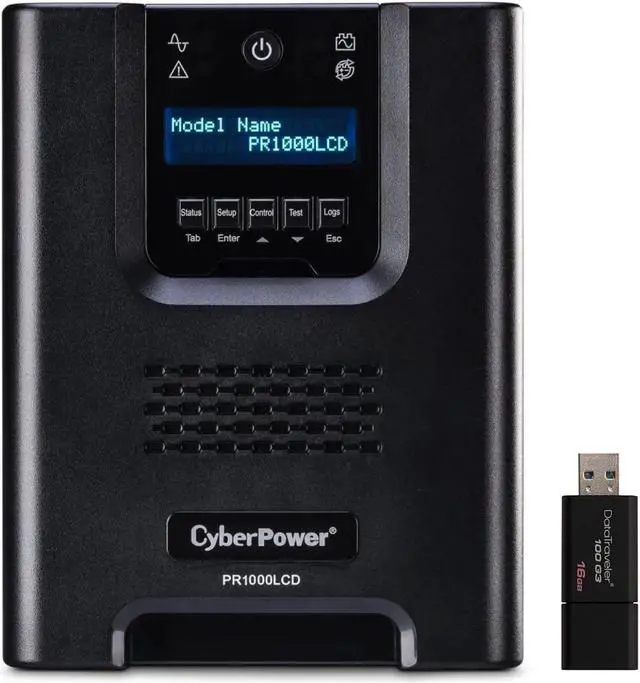 Main image of CyberPower PR1000LCD Smart App Sinewave UPS Tower 1000VA/1000W Backup Power Supply, Intelligent LCD, 8 x NEMA 5-15R Outlets, Management Software, AVR Bundle with 16GB USB Storage