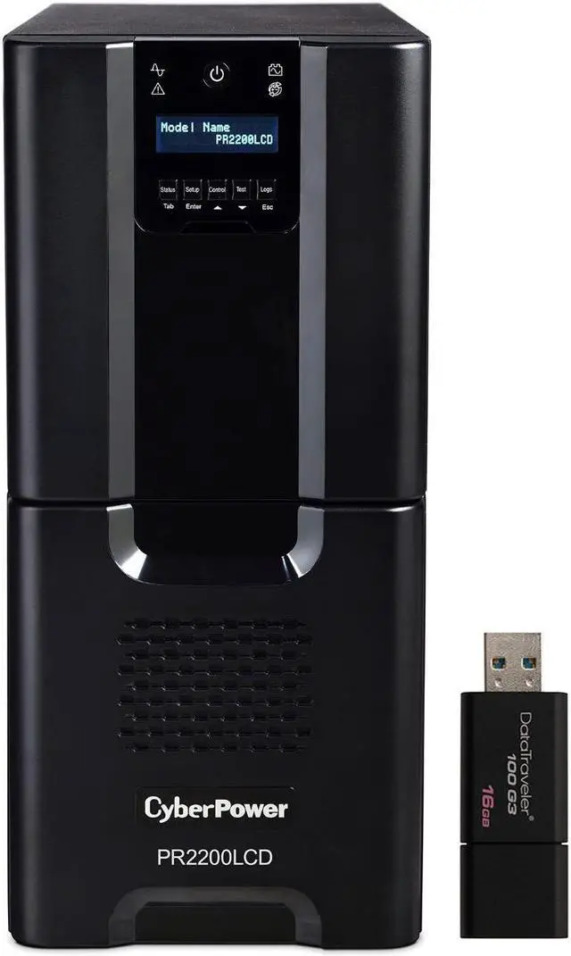 Main image of CyberPower PR2200LCD Smart App Sinewave UPS Tower 2200VA/1980W Backup Power Supply, Intelligent LCD, 8 × NEMA 5-15R, 2 × NEMA 5-20R Outlets, Management Software, AVR Bundle with 16GB USB Storage