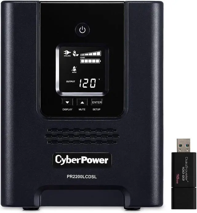 Main image of CyberPower PR2200LCDSL Smart App Sinewave UPS Tower 2070VA/1980W Backup Power Supply, Intelligent LCD, 6 × NEMA 5-20R, 1 × NEMA L5-20R Outlets, Management Software, AVR Bundle with 16GB USB Storage