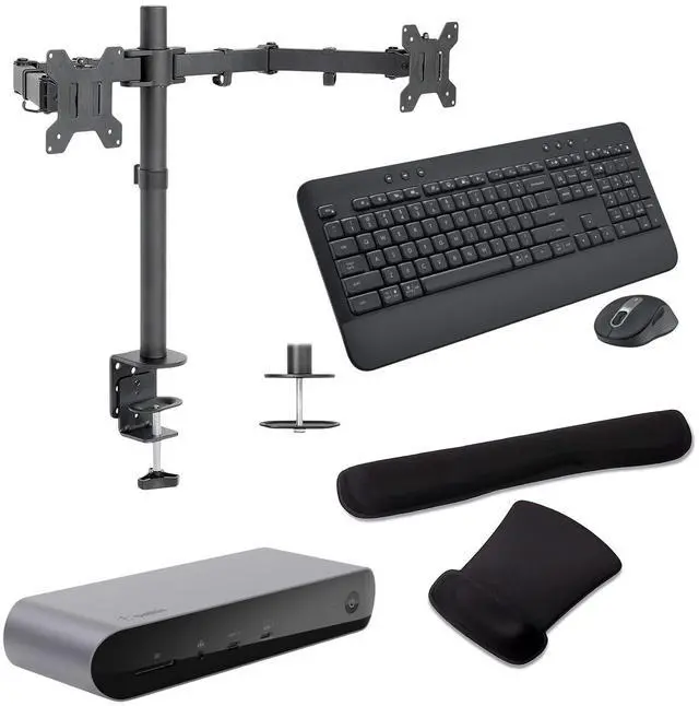 Main image of Belkin Connect Pro Thunderbolt 4 90W Dock, Dual 4K Support, HDMI, USB-C, SD Port and USB Hub Bundled With Desk Mount Monitor Stand, MK650 Wireless Keyboard & Mouse, Gel Pad, Mac & Surface Compatible