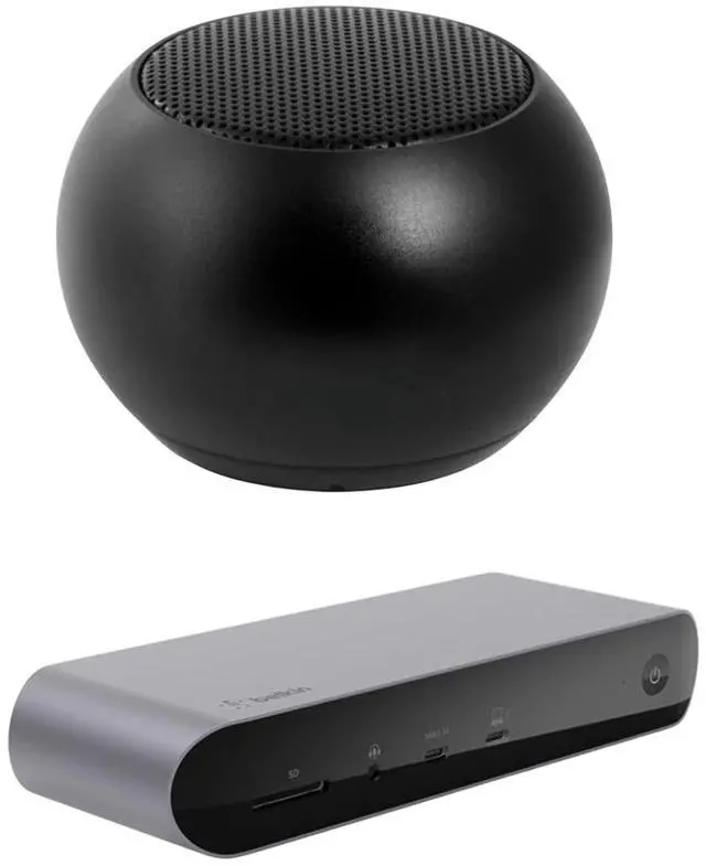 Main image of Belkin Connect Pro Thunderbolt 4 90W Dock Dual 4K Support, HDMI, USB-C, SD Port and USB Hub Bundled With Bluetooth Mini U Speaker with Built-in Mic, 4 Hour Playback, Mac & Surface Compatible