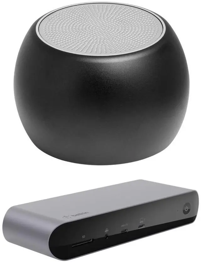 Main image of Belkin Connect Pro Thunderbolt 4 90W Dock, Dual 4K Support, HDMI, USB-C, SD Port and USB Hub Bundled With Bluetooth Boost U Speaker with Built-in Mic, 5 Hour Playback, Mac & Surface Compatible
