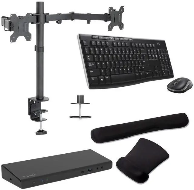 Main image of Belkin Universal USB-C 85W Dock, Triple 4K Support, HDMI, USB-C, DisplayPort and USB Hub Bundled With Desk Mount Dual Monitor Stand, MK270 Wireless Keyboard & Mouse, Gel Mouse & Wrist Pad