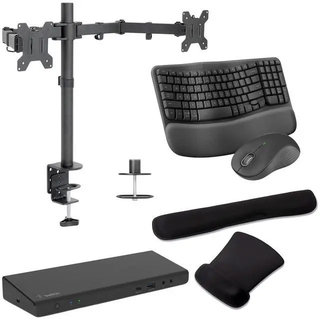 Main image of Belkin Universal USB-C 85W Dock, Triple 4K Support, HDMI, USB-C, DisplayPort and USB Hub Bundled With Desk Mount Dual Monitor Stand, MK670 Wireless Keyboard & Mouse, Gel Mouse & Wrist Pad