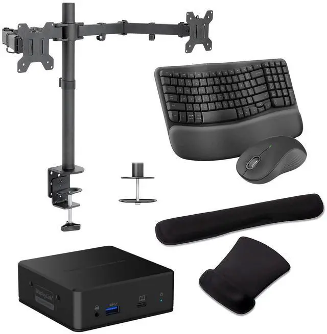 Main image of Belkin Connect Universal USB-C 85W Dock, Dual FHD Support, HDMI, and USB Hub Bundled With Desk Mount Dual Monitor Stand, MK670 Wireless Keyboard & Mouse, Gel Mouse & Wrist Pad