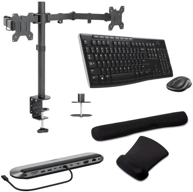 Main image of Belkin Universal USB-C 11-in-1 Pro 100W Dock, Triple 4K Support, HDMI, VGA and USB Hub Bundled With Desk Mount Dual Monitor Stand, MK270 Wireless Keyboard & Mouse, Gel Mouse & Wrist Pad