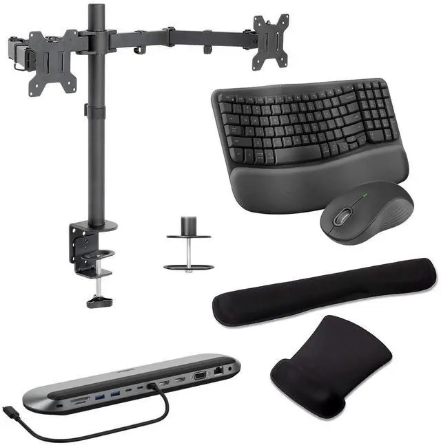 Main image of Belkin Universal USB-C 11-in-1 Pro 100W Dock, Triple 4K Support, HDMI, VGA and USB Hub Bundled With Desk Mount Dual Monitor Stand, MK670 Wireless Keyboard & Mouse, Gel Mouse & Wrist Pad
