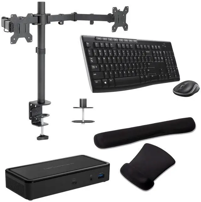 Main image of Belkin Thunderbolt 3 Dock Plus 60W, Dual 4K Support, DisplayPort, USB-C and USB Hub Bundled With Desk Mount Monitor Stand, MK270 Wireless Keyboard & Mouse, Gel Pad, Mac & Surface Compatible