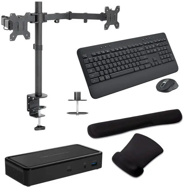 Main image of Belkin Thunderbolt 3 Dock Plus 60W, Dual 4K Support, DisplayPort, USB-C and USB Hub Bundled With Desk Mount Monitor Stand, MK650 Wireless Keyboard & Mouse, Gel Pad, Mac & Surface Compatible