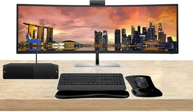 Main image of HP Workstation Bundle Z2 SFF G9 i7, 16GB RAM, 512GB SSD, Windows 11 Pro, 549pm 49" Curved DQHD Monitor and MK650 Wireless Keyboard & Mouse with Gel Pad