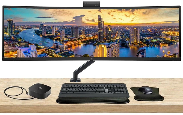 Main image of HP Series 5 Pro 549pm 49 inch 5120 x 1440 DQHD Curved Monitor, with Full Dock, Ethernet, HDMI, DisplayPort, USB-C, Speaker, MK540 Wireless Keyboard and Mouse, Wrist Pad, and Stand