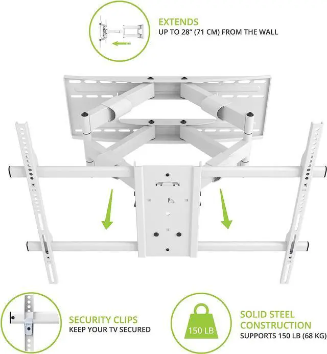 Alt view image 5 of 7 - Kanto FMX3W Full Motion Articulating TV Mount for 40 to 90 inch TVs | Supports up to 150 lb (68 kg) | Up to 28" Extension | +15° to -5° Tilt | 88° Swivel | White