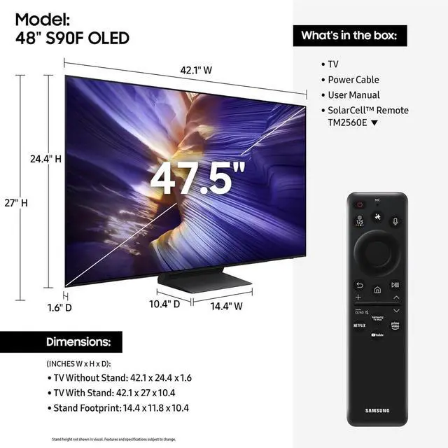Alt view image 3 of 7 - Samsung QN48S90FAEXZA 48 Inch 4K OLED Smart TV with a Walts FIXED-MOUNT-43-90 TV Mount for 43"-98" TVs and Amber Protection 3-OUTLET-SURGE Surge Protector (2025)
