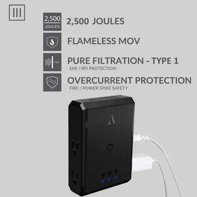Alt view image 3 of 7 - Austere III Series, Wall Power 4 Outlet Surge Protector, 2500 Joules, EMI/RFI Filtering, Flameless MOV, Overcurrent Protection, SmartFit Outlets, 4 Year Component Guarantee