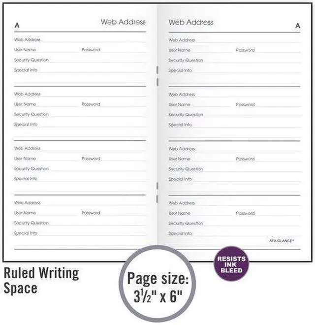 Alt view image 3 of 15 - AT-A-GLANCE Website Address Book Password Keeper 200 Entries Black 3 12 x 6 -