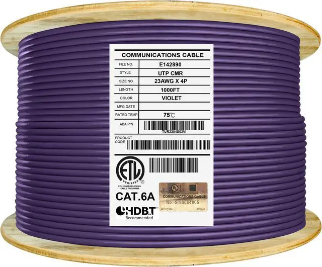 Main image of Elite Cat6a Riser (CMR), 1000ft, 650MHz, 23AWG, U/UTP, Solid Bare Copper, UL Certified,  Bulk Ethernet Cable Reel, Violet