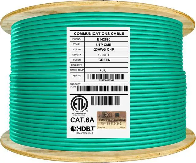 Main image of Elite Cat6a Riser (CMR), 1000ft, 650MHz, 23AWG, U/UTP, Solid Bare Copper, UL Certified,  Bulk Ethernet Cable Reel, Green