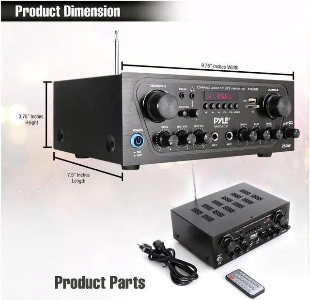 Alt view image 10 of 20 - Pyle PTA24BT 250W 2-Channel Compact Bluetooth Home Audio Amplifier with Stereo Receiver