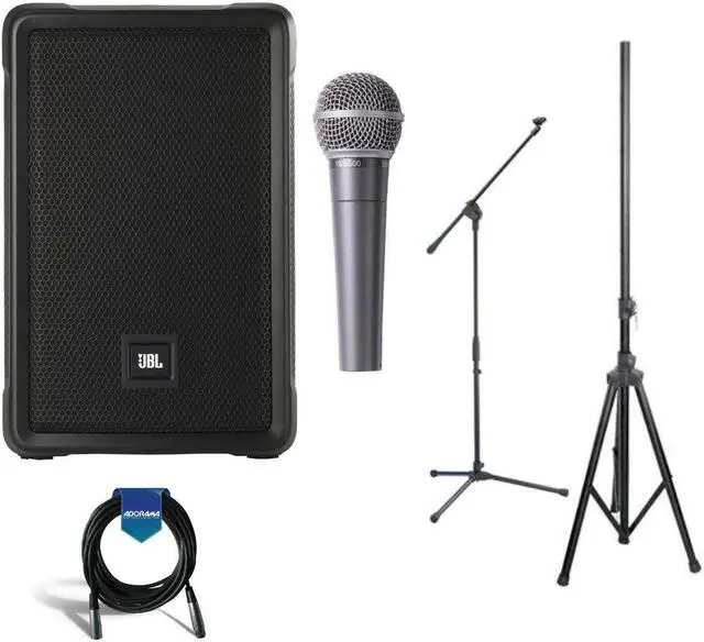 Main image of JBL IRX108BT 8" Two-Way Portable Powered PA Loudspeaker with Bluetooth - Behringer ULTRAVOICE XM8500 Dynamic Cardioid Vocal Microphone - 6' Speaker Stand - Mic Stand - 20' XLR Cable