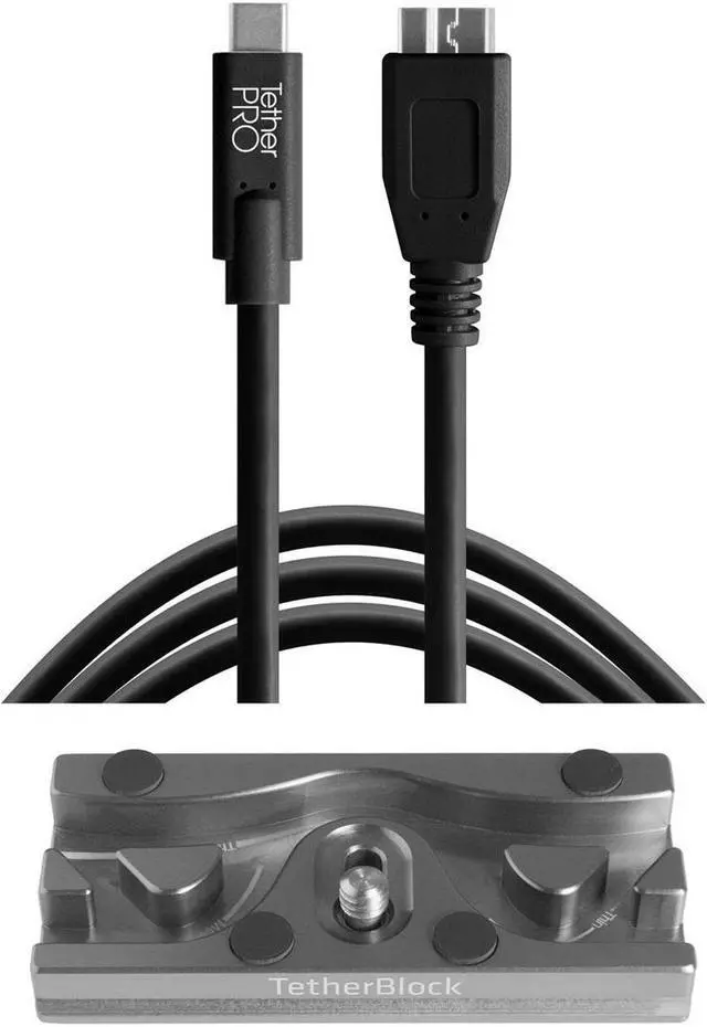 Main image of Tether Tools TetherBLOCK QR Plate, 15' USB-C to Micro-USB 3.0 B Cable, Black