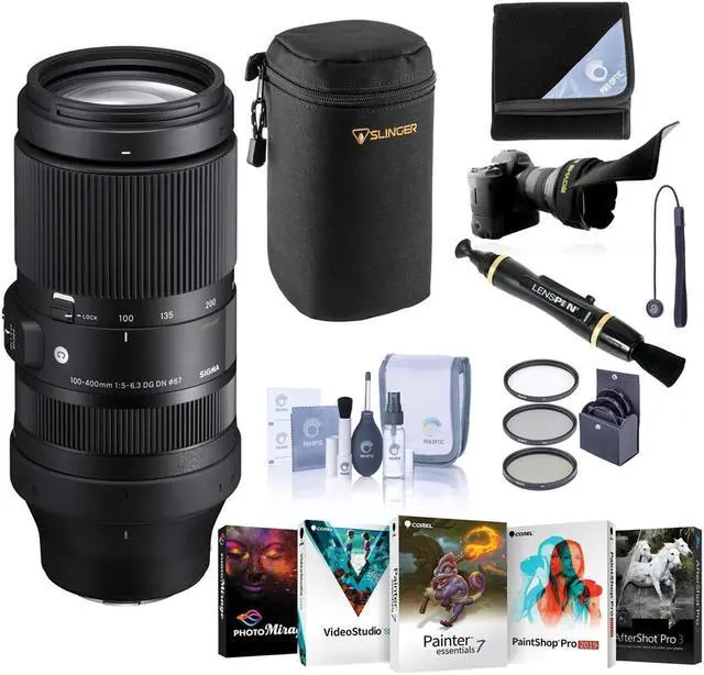 Main image of Sigma 100-400mm f/5-6.3 DG DN OS Contemporary Lens for L Mount, Bundle with 67mm Filter Kit, PC Software Kit, Cleaning Kit, Lens Wrap, Flex Lens Shade, Lens Cap Tether, Cleaner, Lens Pouch