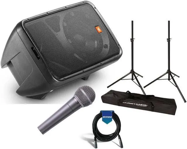 Main image of JBL JBL EON208P Personal PA System, Includes 2x 8in JBL 2-way Speakers and 8-Channel Mixer Bundle WithUltimate JamStands JS-TS50 Speaker Stand 6' Pair, 20' XLR Mic Cable, Behringer XM8500 Cardioid Mic