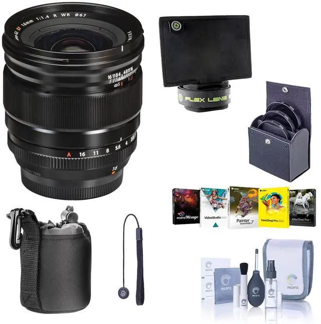 Main image of Fujifilm XF 16mm f/1.4 R WR Lens, Bundle with Flex Lens Shade, 67mm Filter Kit, Lens Case, Lens Cap Tether, Cleaning Kit, PC Software Kit