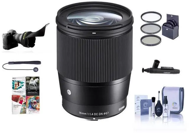 Main image of Sigma 16mm f/1.4 DC DN Contemporary Lens for Sony E, Bundle with ProOptic 67mm Filter Kit, Cleaning Kit, Lens Cap Tether, Flex Lens Shade, PC Software Kit, Lens Cleaner