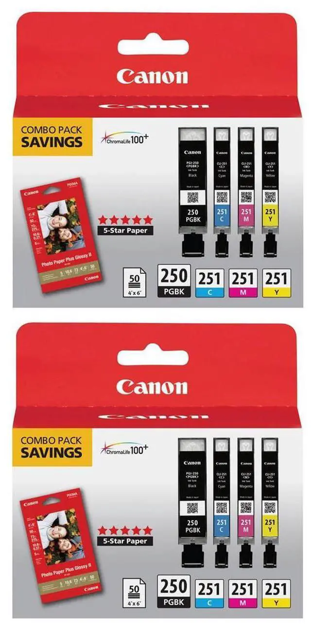 Main image of Canon 2 Pack PGI-250 and CLI-251 4-Cartridge Combo Pack, Includes Photo Paper Plus Glossy II, CLI-251C, CLI-251Y and CLI-251M Ink Tank, PGI-250PGBK Black Ink Tank for Select PIXMA Printers