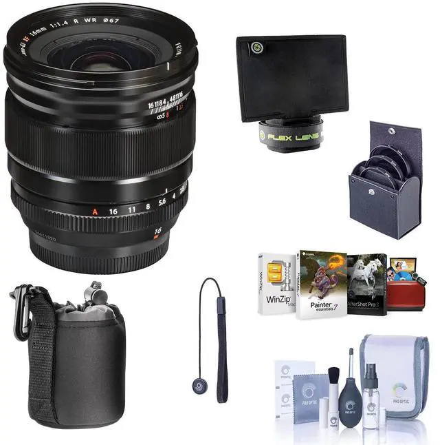Main image of Fujifilm XF 16mm f/1.4 R WR Lens, Bundle with Flex Lens Shade, 67mm Filter Kit, Lens Case, Cleaning Kit, Lens Cap Tether, Mac Software Kit