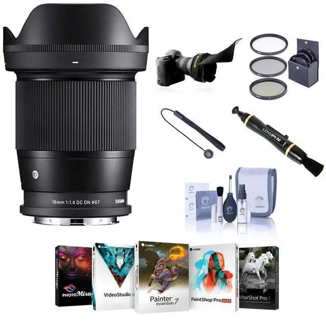 Main image of Sigma 16mm f/1.4 DC DN Contemporary Lens for L Mount, Bundle with ProOptic 67mm Filter Kit, Cleaning Kit, Lens Cap Tether, Flex Lens Shade, PC Software Kit, Lens Cleaner